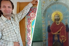 Мастер из Челябинска сплел из полимерной пленки трехметровую икону Божьей Матери «Нерушимая стена»