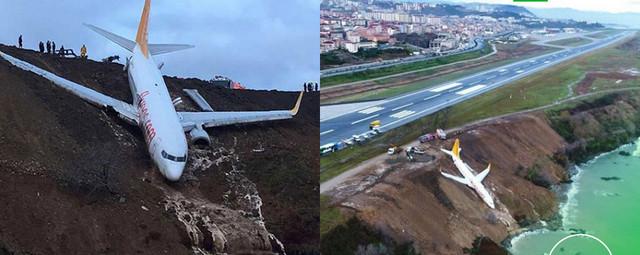 В Турции Boeing с пассажирами съехал с полосы и застрял на краю обрыва