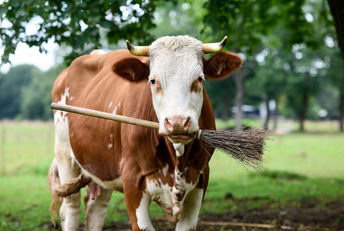 Current Biology: австрийская корова научилась брать ртом метлу, чтобы чесать себя