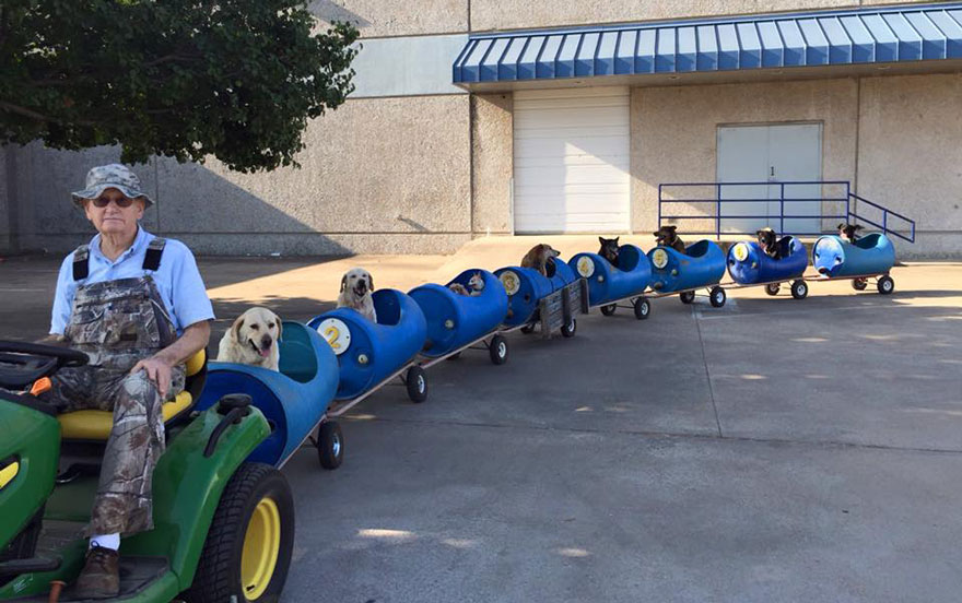 An 80-year-old Texas resident built a train for homeless dogs