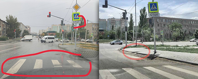 В Астрахани на перекрёстке улиц Бориса Алексеева и Куликова неправильно расставили знаки