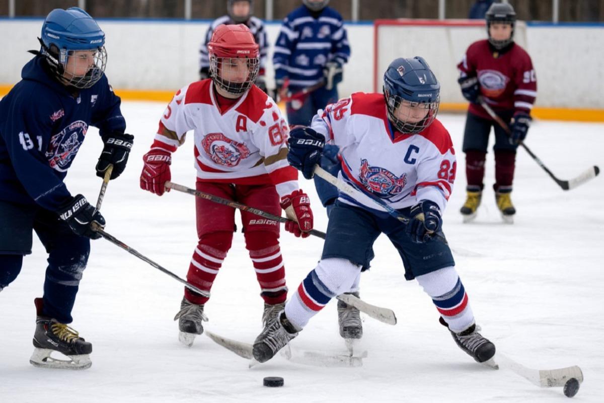 Юные спортсмены в Тюмени играют в хоккей на асфальте