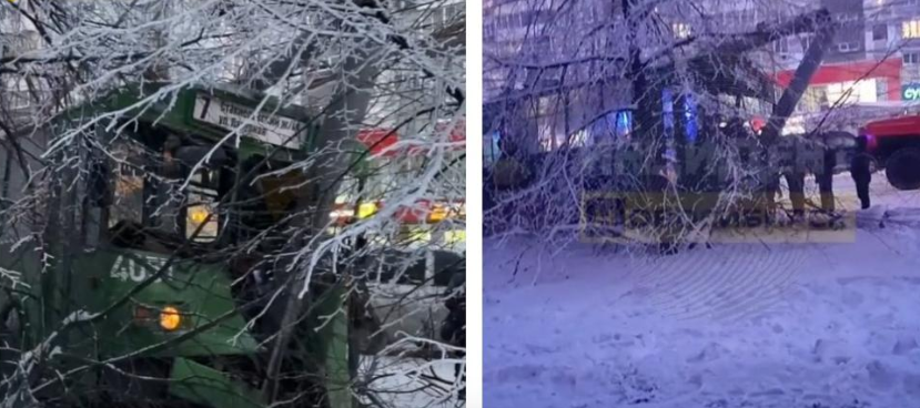 В Новосибирске троллейбус с пассажирами уходя от столкновения влетел в столб