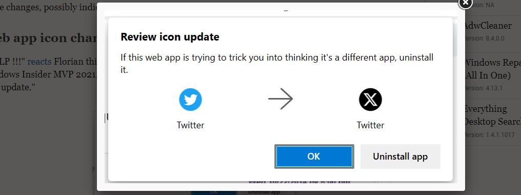 Браузер Microsoft Edge счел новый значок Twitter «X» подозрительным