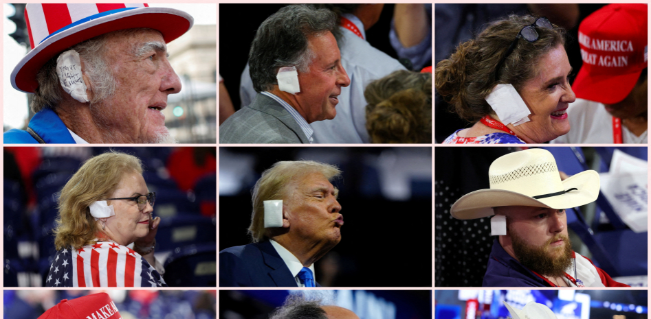 Участники съезда Республиканской партии надели повязки на уши в солидарность с раненным Трампом