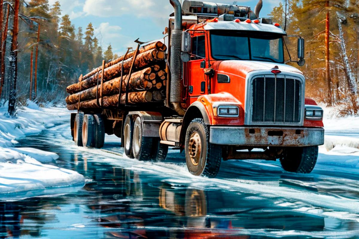 В Вологодской области лесовоз утонул на ледовой переправе из-за перегруза