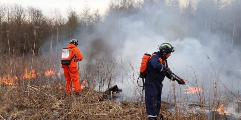 В Смирныховском районе на Сахалине спасатели борются с возгоранием сухой травы, охватившим площадь в 2 тыс. кв. метров